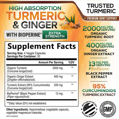 Curcumin mit BioPerin und Ingwer – 2000 mg Bio-Turmeric pro Portion, 95 % Curcuminoide, mit schwarzem Pfeffer für beste Absorption – vegane Gelenkunterstützung – 120 Kapseln