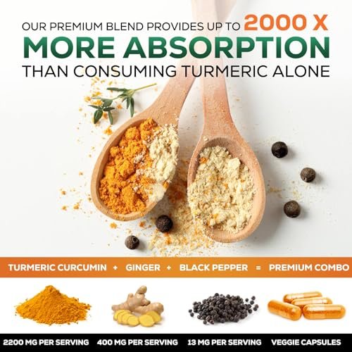 Curcumin mit BioPerin und Ingwer – 2000 mg Bio-Turmeric pro Portion, 95 % Curcuminoide, mit schwarzem Pfeffer für beste Absorption – vegane Gelenkunterstützung – 120 Kapseln