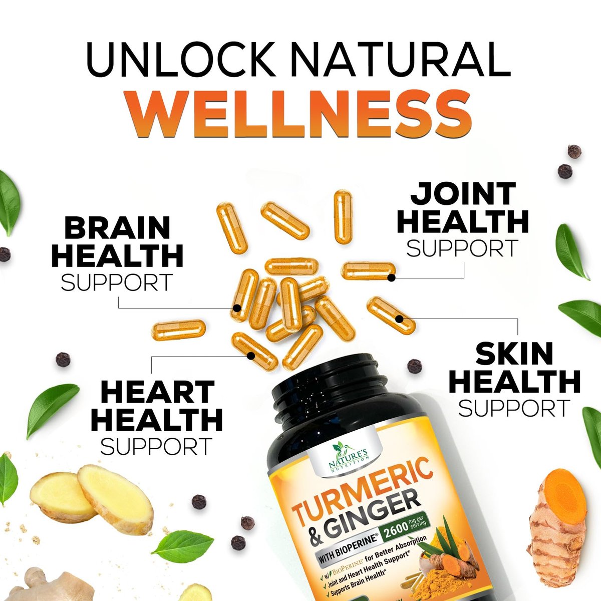 Curcumin mit BioPerin und Ingwer – 2000 mg Bio-Turmeric pro Portion, 95 % Curcuminoide, mit schwarzem Pfeffer für beste Absorption – vegane Gelenkunterstützung – 120 Kapseln
