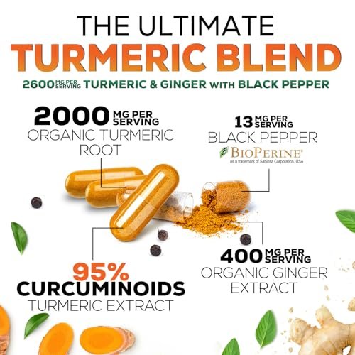 Curcumin mit BioPerin und Ingwer – 2000 mg Bio-Turmeric pro Portion, 95 % Curcuminoide, mit schwarzem Pfeffer für beste Absorption – vegane Gelenkunterstützung – 120 Kapseln
