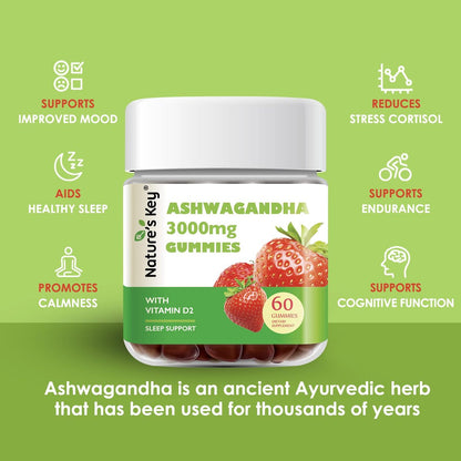 Nature's Key Ashwagandha Gummis, 3000 mg hochdosierter Ashwagandha-Wurzelextrakt mit Vitamin D2, Stress, Ruhe & Kognition, für Männer & Frauen, Erdbeergeschmack (60 Stück)