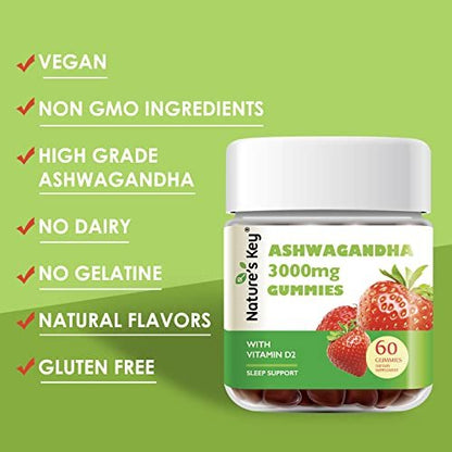 Nature's Key Ashwagandha Gummis, 3000 mg hochdosierter Ashwagandha-Wurzelextrakt mit Vitamin D2, Stress, Ruhe & Kognition, für Männer & Frauen, Erdbeergeschmack (60 Stück)