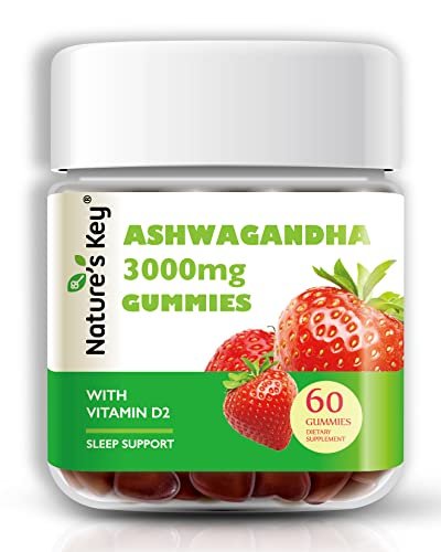 Nature's Key Ashwagandha Gummis, 3000 mg hochdosierter Ashwagandha-Wurzelextrakt mit Vitamin D2, Stress, Ruhe & Kognition, für Männer & Frauen, Erdbeergeschmack (60 Stück)