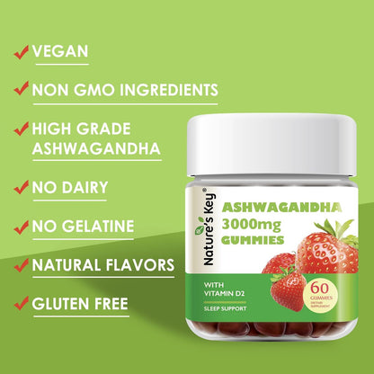 Nature's Key Ashwagandha Gummis, 3000 mg hochdosierter Ashwagandha-Wurzelextrakt mit Vitamin D2, Stress, Ruhe & Kognition, für Männer & Frauen, Erdbeergeschmack (60 Stück)