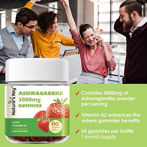 Nature's Key Ashwagandha Gummis, 3000 mg hochdosierter Ashwagandha-Wurzelextrakt mit Vitamin D2, Stress, Ruhe & Kognition, für Männer & Frauen, Erdbeergeschmack (60 Stück)