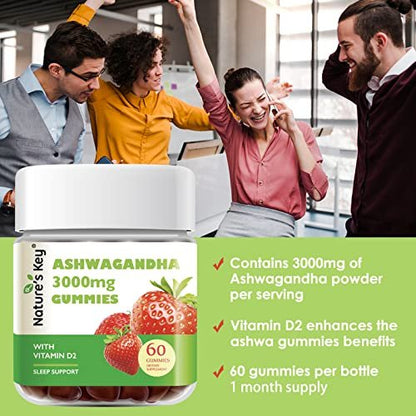 Nature's Key Ashwagandha Gummis, 3000 mg hochdosierter Ashwagandha-Wurzelextrakt mit Vitamin D2, Stress, Ruhe & Kognition, für Männer & Frauen, Erdbeergeschmack (60 Stück)