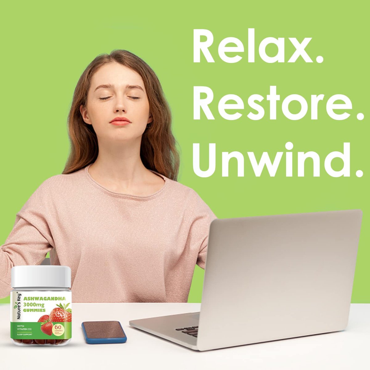Nature's Key Ashwagandha Gummis, 3000 mg hochdosierter Ashwagandha-Wurzelextrakt mit Vitamin D2, Stress, Ruhe & Kognition, für Männer & Frauen, Erdbeergeschmack (60 Stück)