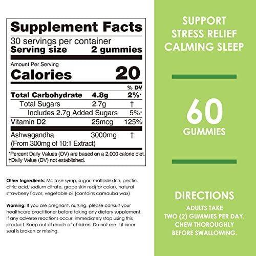 Nature's Key Ashwagandha Gummis, 3000 mg hochdosierter Ashwagandha-Wurzelextrakt mit Vitamin D2, Stress, Ruhe & Kognition, für Männer & Frauen, Erdbeergeschmack (60 Stück)