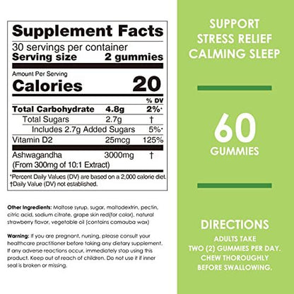 Nature's Key Ashwagandha Gummis, 3000 mg hochdosierter Ashwagandha-Wurzelextrakt mit Vitamin D2, Stress, Ruhe & Kognition, für Männer & Frauen, Erdbeergeschmack (60 Stück)