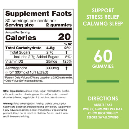 Nature's Key Ashwagandha Gummis, 3000 mg hochdosierter Ashwagandha-Wurzelextrakt mit Vitamin D2, Stress, Ruhe & Kognition, für Männer & Frauen, Erdbeergeschmack (60 Stück)
