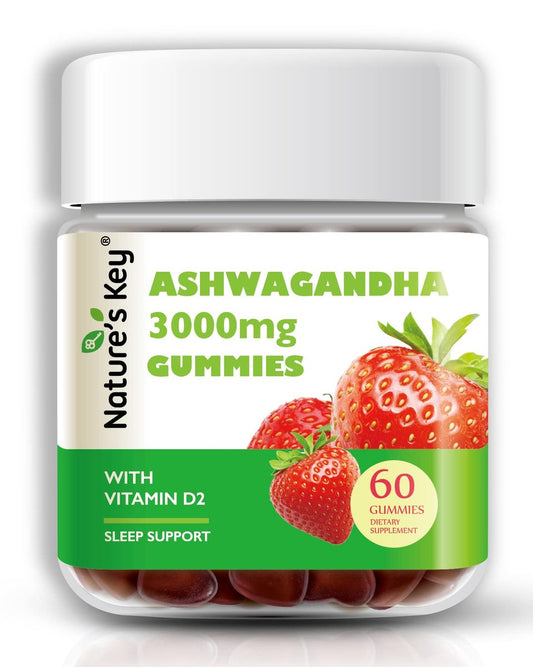 Nature's Key Ashwagandha Gummis, 3000 mg hochdosierter Ashwagandha-Wurzelextrakt mit Vitamin D2, Stress, Ruhe & Kognition, für Männer & Frauen, Erdbeergeschmack (60 Stück)