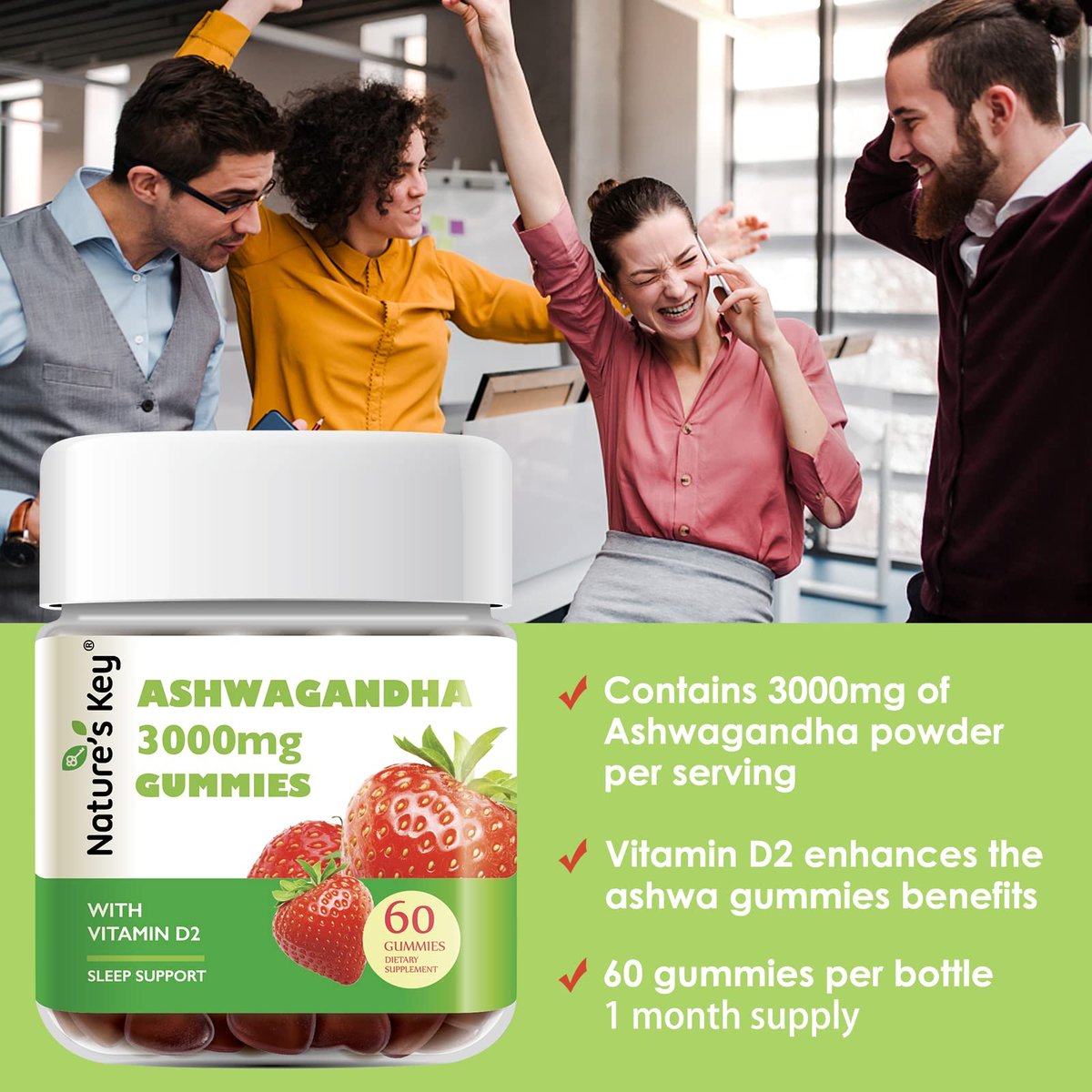 Nature's Key Ashwagandha Gummis, 3000 mg hochdosierter Ashwagandha-Wurzelextrakt mit Vitamin D2, Stress, Ruhe & Kognition, für Männer & Frauen, Erdbeergeschmack (60 Stück)