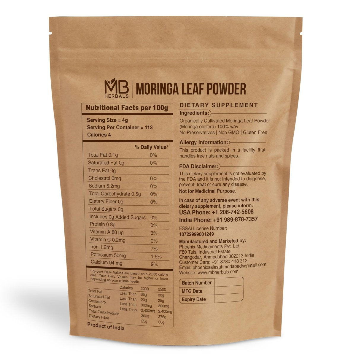 MB Herbals Moringa-Blattpulver 1 lb / 16 oz (454 g) | 100% reines Moringa-Pulver | Löst sich leicht in Getränken & Smoothies | Ohne Konservierungsstoffe