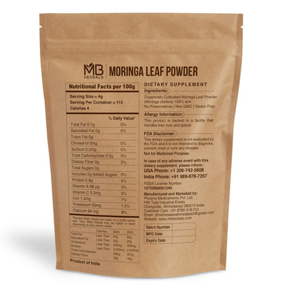 MB Herbals Moringa-Blattpulver 1 lb / 16 oz (454 g) | 100% reines Moringa-Pulver | Löst sich leicht in Getränken & Smoothies | Ohne Konservierungsstoffe
