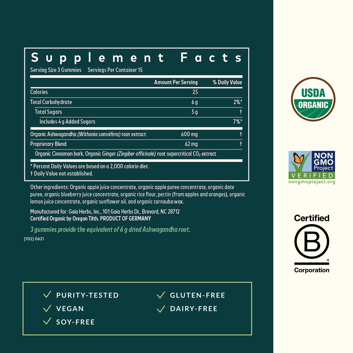 Gaia Herbs Bio Ashwagandha Gummis - Stressabbau* - Mit Zimt & Ingwer - Glutenfrei & Vegan - 45 Stück (15 Portionen)
