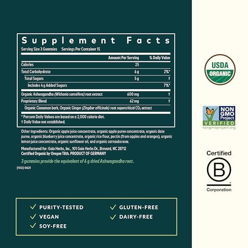 Gaia Herbs Bio Ashwagandha Gummis - Stressabbau* - Mit Zimt & Ingwer - Glutenfrei & Vegan - 45 Stück (15 Portionen)
