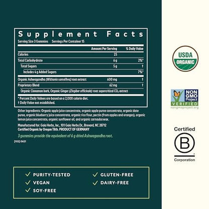 Gaia Herbs Bio Ashwagandha Gummis - Stressabbau* - Mit Zimt & Ingwer - Glutenfrei & Vegan - 45 Stück (15 Portionen)
