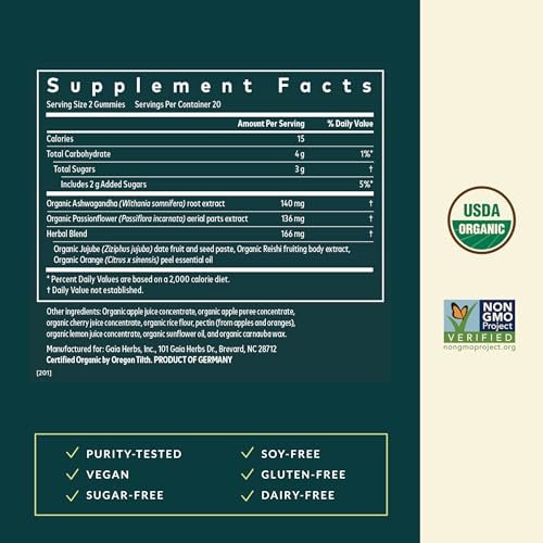 Gaia Herbs Sleep Gummies – Schlafunterstützung* mit Ashwagandha, Reishi-Pilz & Passionsblume – USDA Bio, Nicht-GMO, Glutenfrei – Kirsche-Orange – 40 vegane Gummis (20 Portionen)