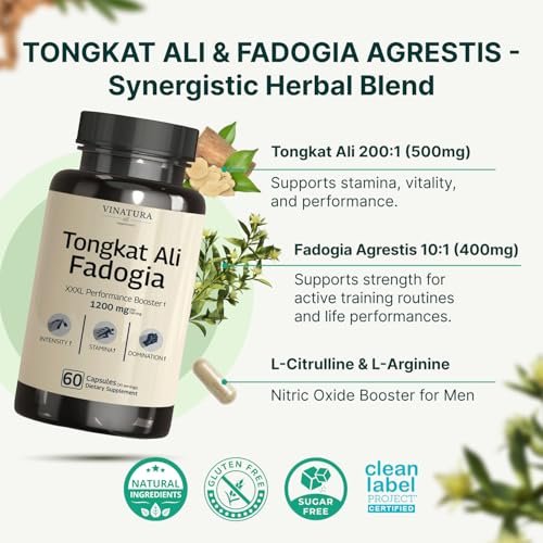 Tongkat Ali & Fadogia Agrestis 1200mg – Mit Stickoxid-Booster für Männer, 60 Kapseln, USA hergestellt und getestet