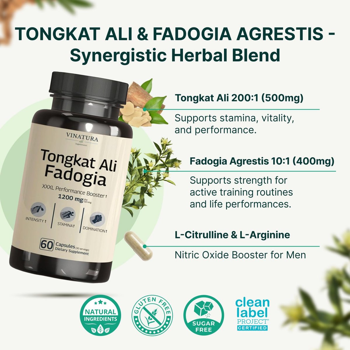 Tongkat Ali & Fadogia Agrestis 1200mg – Mit Stickoxid-Booster für Männer, 60 Kapseln, USA hergestellt und getestet