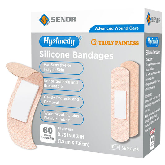 Hysimedy Silikonpflaster für empfindliche, fragile Haut – 3/4" x 3" – 60 Stück – Flexible Stoffpflaster, Latexfrei, Hypoallergen, Atmungsaktiv – Schonende Entfernung für Senioren und Kinder