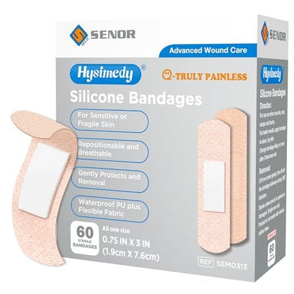 Hysimedy Silikonpflaster für empfindliche, fragile Haut – 3/4" x 3" – 60 Stück – Flexible Stoffpflaster, Latexfrei, Hypoallergen, Atmungsaktiv – Schonende Entfernung für Senioren und Kinder