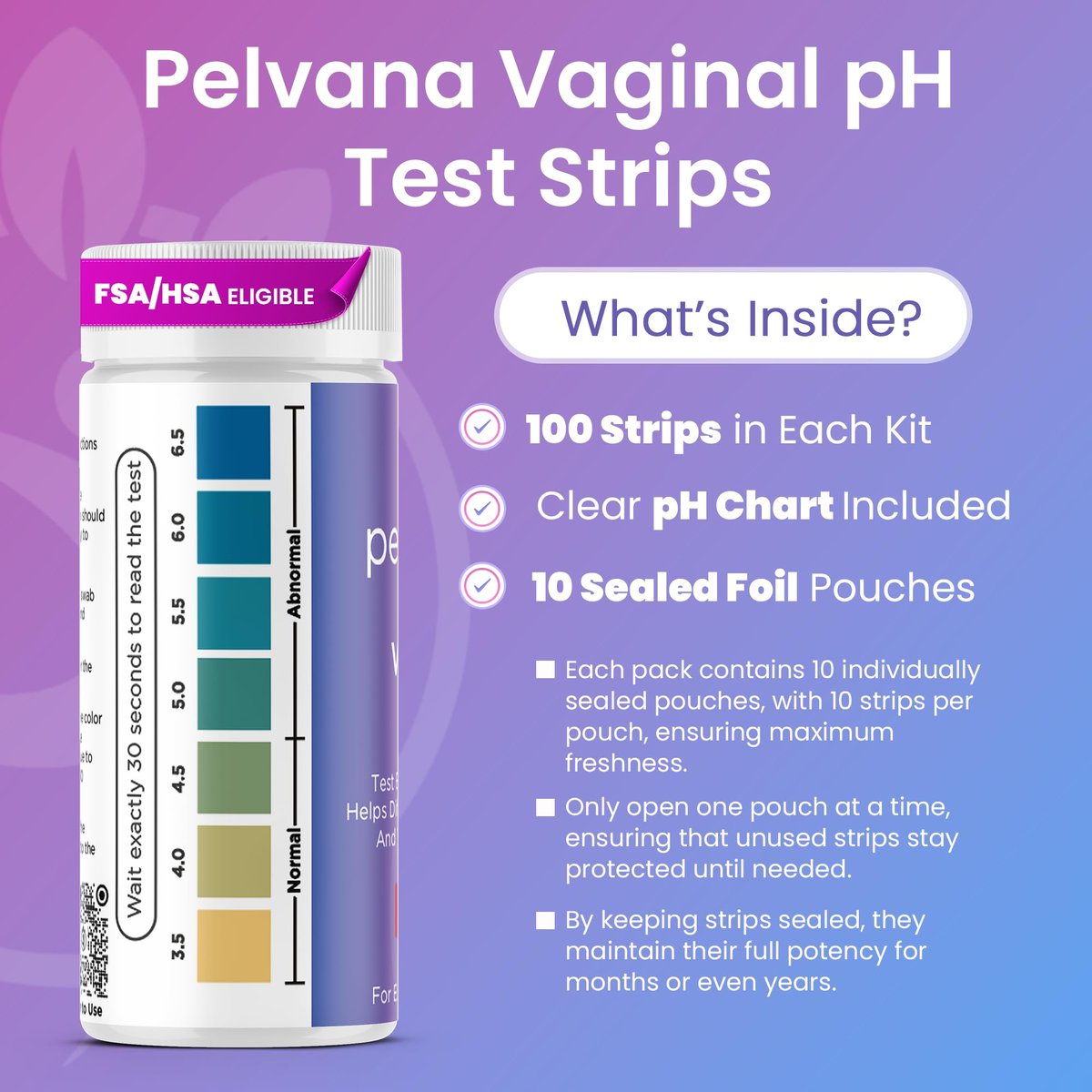 Pelvana Vaginaler pH-Teststreifen für Frauen – 100 Streifen, Heimtest für BV und Hefe-Infektion, Vaginaler pH-Tester zur Unterscheidung zwischen Zuständen