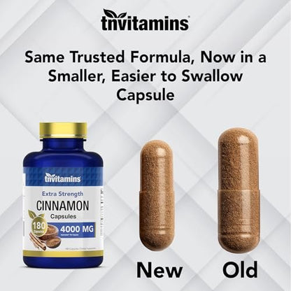 tnvitamins Zimt Kapseln 4.000 mg Äquivalent - 180 Kapseln | Cassia & Ceylon Zimt Pillen | Zwei Sorten! | Nicht-GVO! | Hergestellt in den USA!