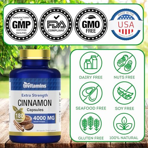 tnvitamins Zimt Kapseln 4.000 mg Äquivalent - 180 Kapseln | Cassia & Ceylon Zimt Pillen | Zwei Sorten! | Nicht-GVO! | Hergestellt in den USA!