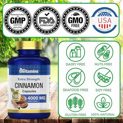 tnvitamins Zimt Kapseln 4.000 mg Äquivalent - 180 Kapseln | Cassia & Ceylon Zimt Pillen | Zwei Sorten! | Nicht-GVO! | Hergestellt in den USA!