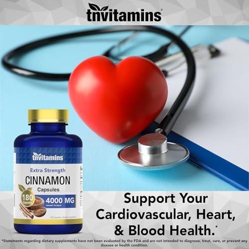 tnvitamins Zimt Kapseln 4.000 mg Äquivalent - 180 Kapseln | Cassia & Ceylon Zimt Pillen | Zwei Sorten! | Nicht-GVO! | Hergestellt in den USA!