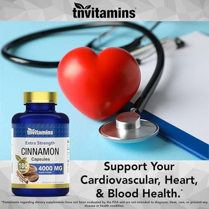 tnvitamins Zimt Kapseln 4.000 mg Äquivalent - 180 Kapseln | Cassia & Ceylon Zimt Pillen | Zwei Sorten! | Nicht-GVO! | Hergestellt in den USA!
