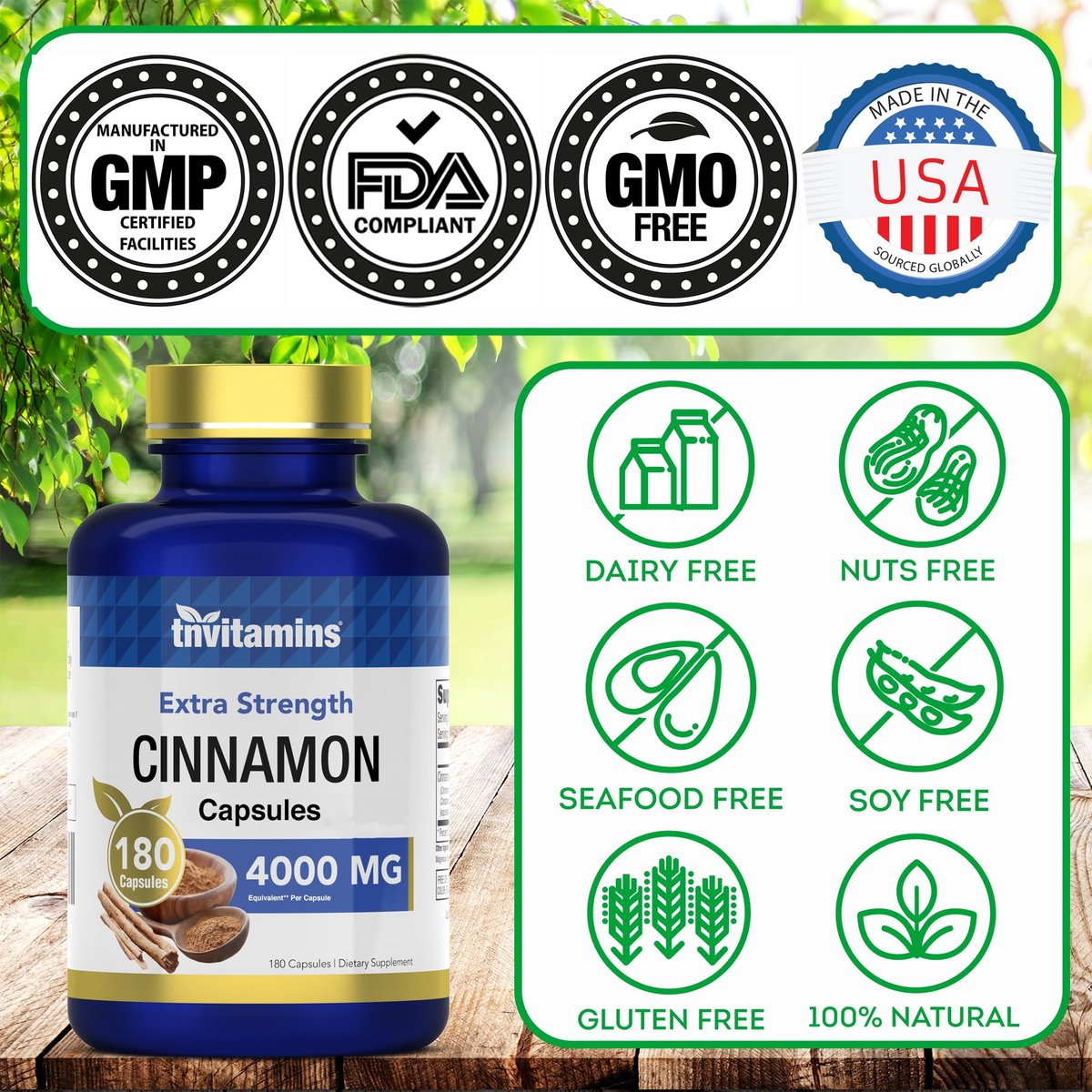 tnvitamins Zimt Kapseln 4.000 mg Äquivalent - 180 Kapseln | Cassia & Ceylon Zimt Pillen | Zwei Sorten! | Nicht-GVO! | Hergestellt in den USA!