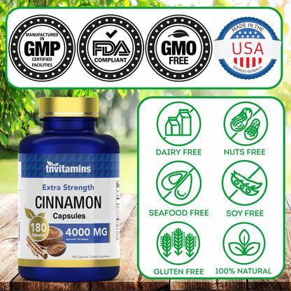 tnvitamins Zimt Kapseln 4.000 mg Äquivalent - 180 Kapseln | Cassia & Ceylon Zimt Pillen | Zwei Sorten! | Nicht-GVO! | Hergestellt in den USA!