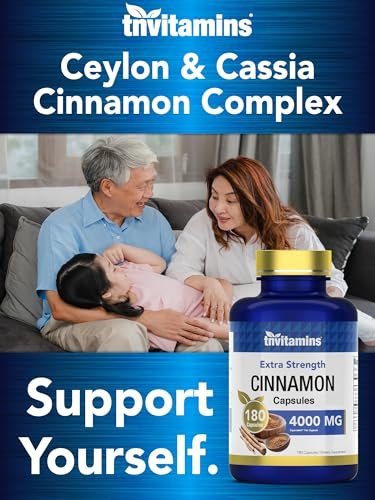 tnvitamins Zimt Kapseln 4.000 mg Äquivalent - 180 Kapseln | Cassia & Ceylon Zimt Pillen | Zwei Sorten! | Nicht-GVO! | Hergestellt in den USA!