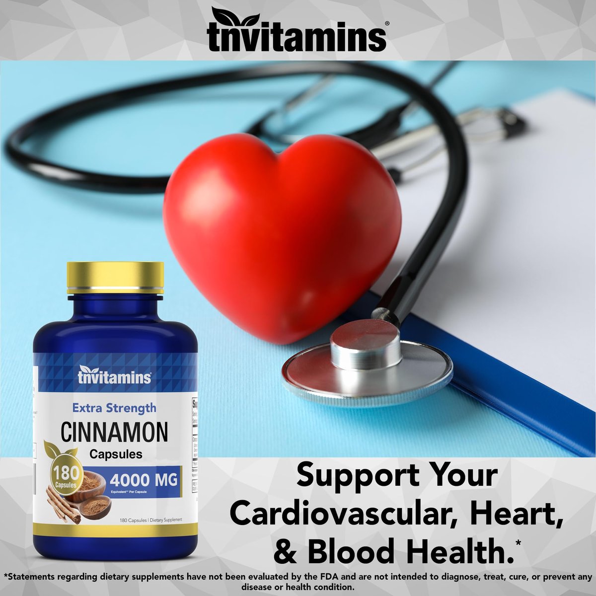 tnvitamins Zimt Kapseln 4.000 mg Äquivalent - 180 Kapseln | Cassia & Ceylon Zimt Pillen | Zwei Sorten! | Nicht-GVO! | Hergestellt in den USA!