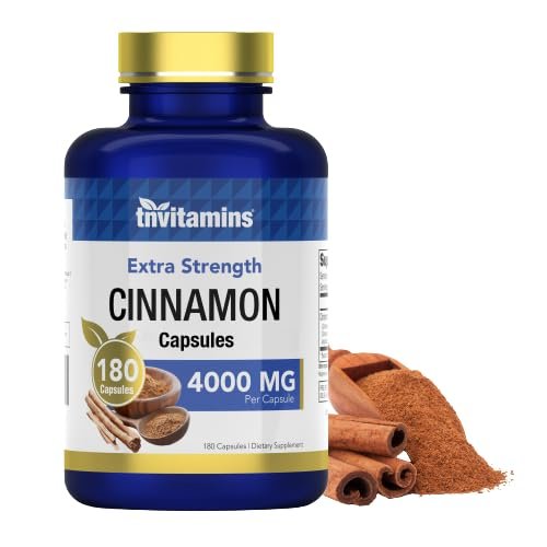 tnvitamins Zimt Kapseln 4.000 mg Äquivalent - 180 Kapseln | Cassia & Ceylon Zimt Pillen | Zwei Sorten! | Nicht-GVO! | Hergestellt in den USA!