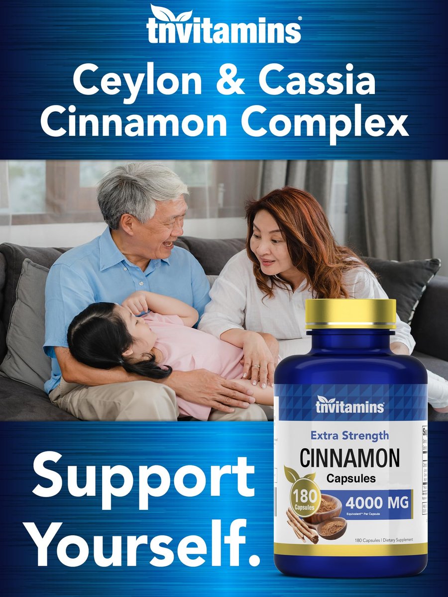 tnvitamins Zimt Kapseln 4.000 mg Äquivalent - 180 Kapseln | Cassia & Ceylon Zimt Pillen | Zwei Sorten! | Nicht-GVO! | Hergestellt in den USA!