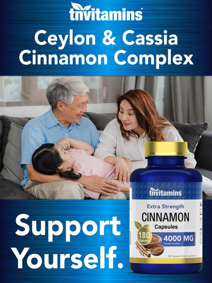 tnvitamins Zimt Kapseln 4.000 mg Äquivalent - 180 Kapseln | Cassia & Ceylon Zimt Pillen | Zwei Sorten! | Nicht-GVO! | Hergestellt in den USA!