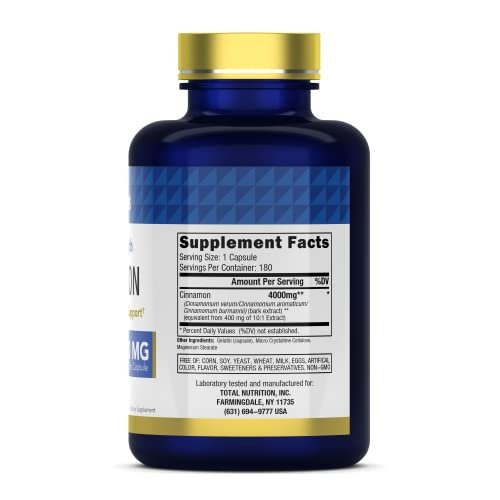 tnvitamins Zimt Kapseln 4.000 mg Äquivalent - 180 Kapseln | Cassia & Ceylon Zimt Pillen | Zwei Sorten! | Nicht-GVO! | Hergestellt in den USA!