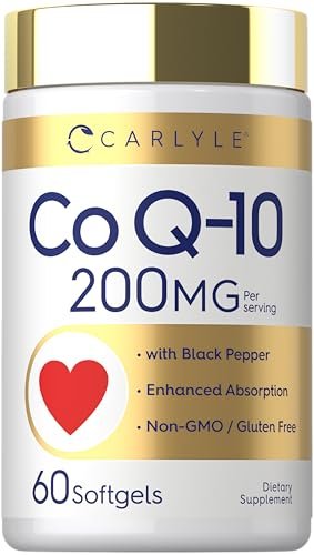 Carlyle CoQ10 200 mg Weichkapseln – 60 Stück mit Schwarzem Pfeffer für verbesserte Absorption – Nicht-GVO, glutenfrei