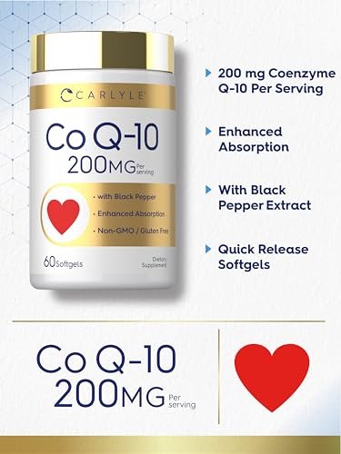 Carlyle CoQ10 200 mg Weichkapseln – 60 Stück mit Schwarzem Pfeffer für verbesserte Absorption – Nicht-GVO, glutenfrei