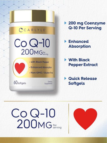 Carlyle CoQ10 200 mg Weichkapseln – 60 Stück mit Schwarzem Pfeffer für verbesserte Absorption – Nicht-GVO, glutenfrei