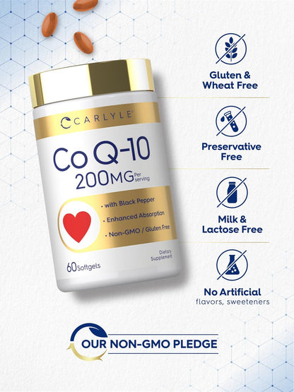 Carlyle CoQ10 200 mg Weichkapseln – 60 Stück mit Schwarzem Pfeffer für verbesserte Absorption – Nicht-GVO, glutenfrei