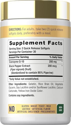 Carlyle CoQ10 200 mg Weichkapseln – 60 Stück mit Schwarzem Pfeffer für verbesserte Absorption – Nicht-GVO, glutenfrei