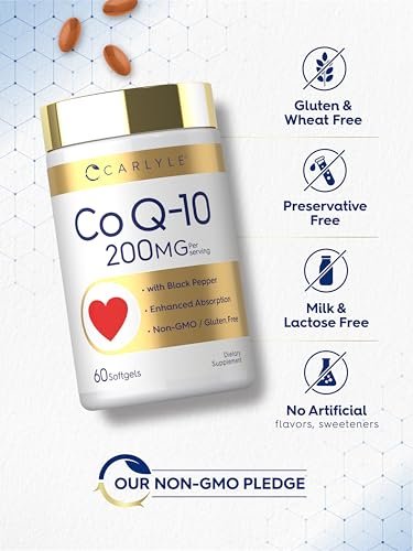 Carlyle CoQ10 200 mg Weichkapseln – 60 Stück mit Schwarzem Pfeffer für verbesserte Absorption – Nicht-GVO, glutenfrei