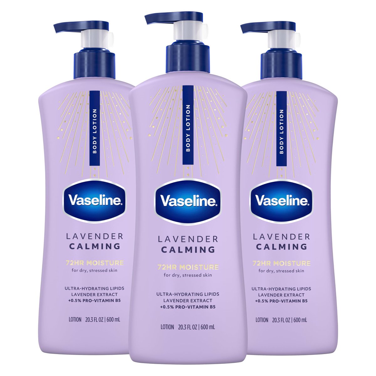 Vaseline Intensive Care Calm Healing Body Lotion 3er-Pack für trockene Haut mit ultra-feuchtigkeitsspendenden Lipiden und Lavendelextrakt – 20,3 oz