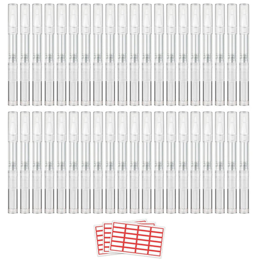 WEBBYBEAR 40 Stück 3 ml Leere Nagelölstift-Behälter, transparente Drehstifte mit Pinselspitze, nachfüllbare Kosmetik-Lippenglanz-Behälter inkl. 3 Aufkleber