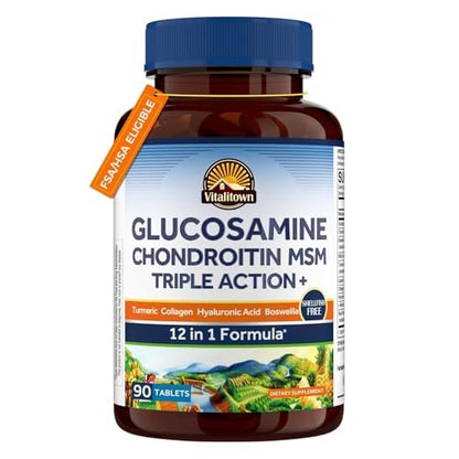 Vitalitown Glucosamin Chondroitin MSM | Kollagen, Boswellia, Kurkuma, Hyaluronsäure, Bromelain | Triple Action+ Formel | 12 Inhaltsstoffe | 90 Tabletten, Ohne Schalentiere