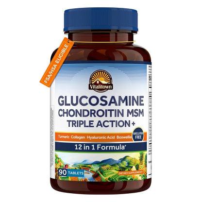 Vitalitown Glucosamin Chondroitin MSM | Kollagen, Boswellia, Kurkuma, Hyaluronsäure, Bromelain | Triple Action+ Formel | 12 Inhaltsstoffe | 90 Tabletten, Ohne Schalentiere